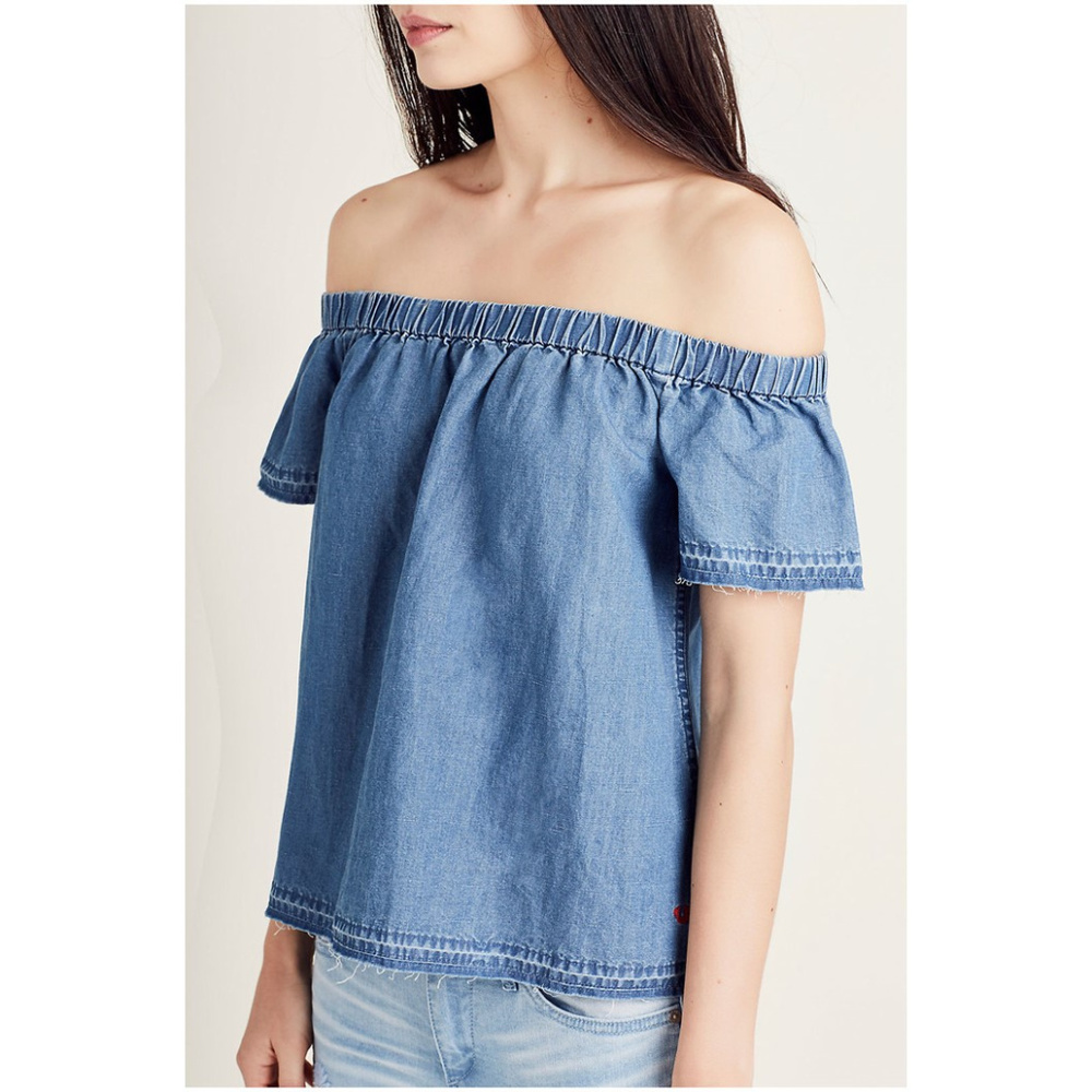 True Religion Women's Off The Shoulder Top in Indigo - Picture 4 of 5